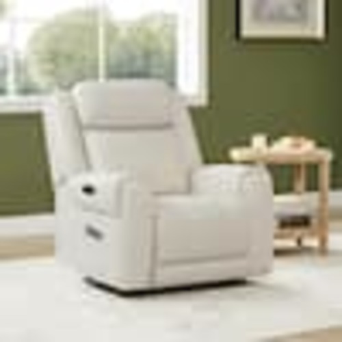 Spruce & Spring Rhea Dual Motors Cream Genuine Leather Wall Hugger Power Recliner with Cup Holders, Side Pockets, USB&Type-C Ports SSME7A5023-NP20121