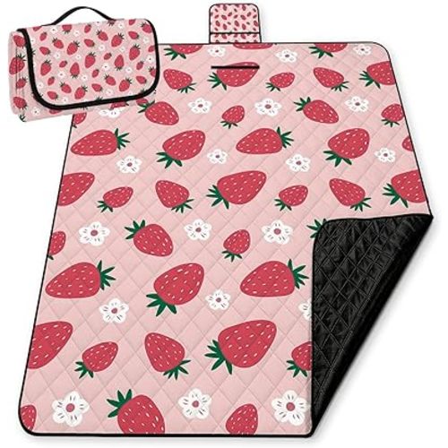 WFSM Strawberry Gifts Picnic Mat 80x60 Inch, Cute Pink Strawberry Flower Outdoor Play Mat for Adults and Toddlers Waterproof Sandproof Beach Blanket Travel Camping Rug