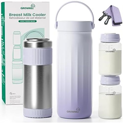 Grownsy 22oz Portable Breast Milk Cooler, 360° Stainless Steel Chiller Keeps Breastmilk Fresh for 24H, No Ice Crystals,Milk Cooler with 2 Baby Bottles for Work & Travel, Baby Breastfeeding Essential