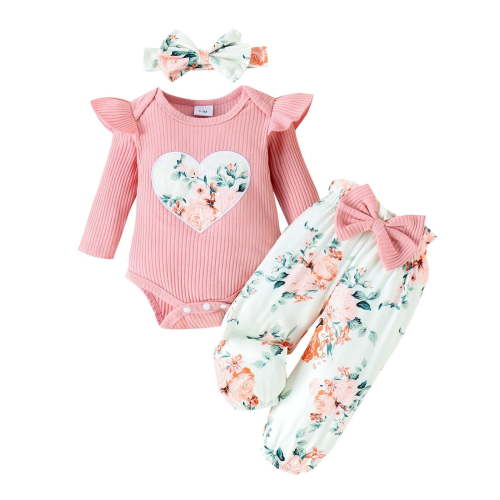 MEZZALL Spring Kid Girls Outfits Sets Cover Strip Baby Long Sleeve Love Printed Clothes Long Pants Headband