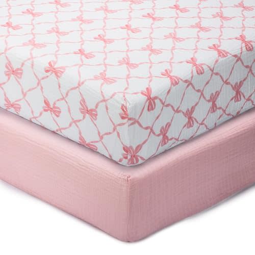 LollyBanks Muslin Crib Sheets 2 Pack, Soft and Breathable 100% Cotton Crib Fitted Sheets for Girls, Cozy and Snug Baby Sheet for Standard 52"x28" Mattress, Registry (Pink Bow and Solid Pink)