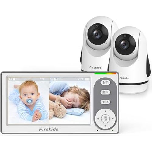 Split-Screen Baby Monitor with 2 Cameras No WiFi, 30H Battery, Pan-Tilt-Zoom, Monitor para bebés with Night Vision, 2-Way Audio, Room Temp Sensor, Lullaby, Plug & Play - Ideal for Travel