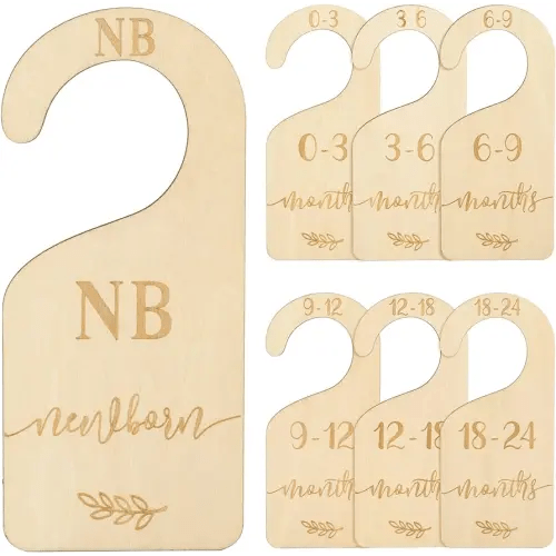 Whaline Wooden Baby Closet Size Dividers Set of 7 Wardrobe Hanger Organizer from Newborn to 24 Month Nursery Decor Dividers with Blue Velvet Bag Design for Home Nursery Infant Baby Clothes