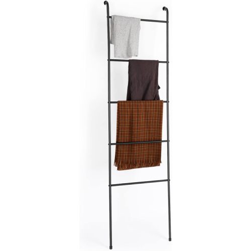 Towel Blanket Ladder Black Metal Blanket Ladder Holder Industrial 5 Tier Wall Leaning Ladder Rack for Bathroom Living Room Laundry Room (Matte Black)