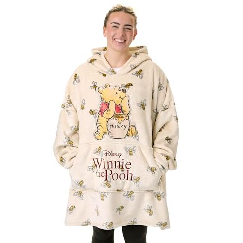 Disney Winnie The Pooh Womens Wearable Blanket Hoodie | Adults Beige Hooded Pullover with Teddy Bear Character and Bumble
