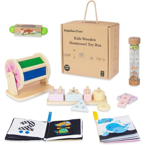 Wooden Baby Toys, 6-in-1 Newborn Learning Educational Sets Includes Mirror Spinning Drum, Rain Stick, Soft Cloth Books, Shape Sorter, Baby Roller - Christmas Birthday Gift for Boys Girls