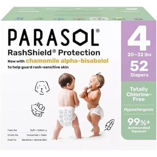 Parasol Chlorine-Free Baby Diaper with RashShield Protection, Size 4, 20-32 lbs, 52 Count
