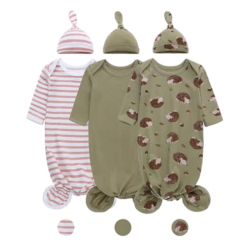 LAT Newborn Knotted Gown for Boy Girls,Baby Tie Gown Nightgown,Baby Sleeper with Matching Hat Set 3 Pack,Sleepwear Outfits