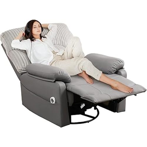 GRAINELL Swivel Rocker Recliner Chair with Massage and Heat, USB Charging Port, Infinite Position Power Recliner, Electric Glider Rocking Chairs for Living Room, Nursery (Grey)