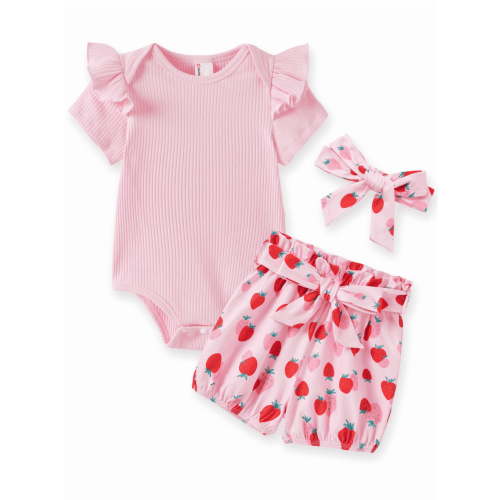 PatPat Baby Girl Summer Clothes 3Pcs Set Ruffle Sleeve Bodysuit Strawberry Shorts Headband Gift Out 0-3 Monthsfit