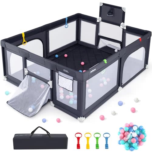 INFANS 74" x 62" Baby Playpen with Soft Mat, Basketball Hoop, 2 Soccer Goals, 4 Handles & 50 Ocean Balls, Breathable Mesh, Large Play Yard for Toddlers (Grey Black)