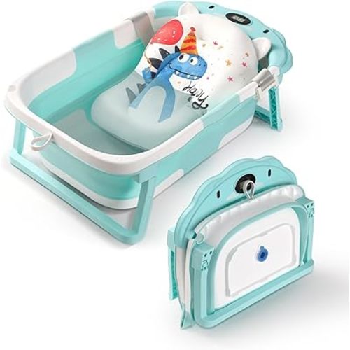 Baby Bathtub,Collapsible Baby Bath Tub with Thermometer & Soft Floating Cushion,Portable Travel Baby Bathtubs for Newborns to Toddlers 0-36 Months(Bear Green)