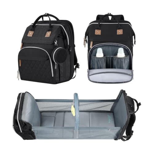DERJUNSTAR Baby Diaper Bag Backpack with Changing Station, Waterproof Black | Diaper Changing Station, For Boys Girls, USB Charging Port, Pacifier Case