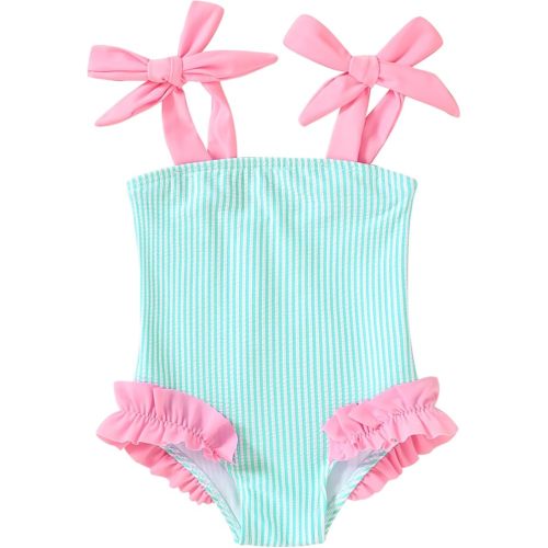 Happy Town Toddler Swimsuit Girl Solid Color Stripe One-Piece Baby Bathing Suits (Green Stripes,3-6 Months)