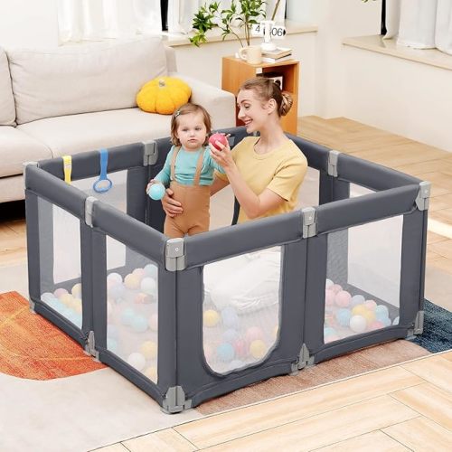 Dripex Baby Playpen, 47×47 Inch Small Playpen for Babies, Enhanced Safety Baby Play Yard for Indoor & Outdoor, Infant Play Pen with Soft Breathable Visible Mesh, Anti-Fall Design & Easy Setup, Grey