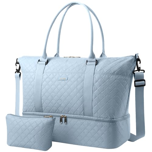 HOTOR Travel Duffel Bag - Weekender Bags for Women, Carry On Gym Tote Bags | with Toiletry Bag & Shoe Compartment, Overnight Bag for Travel Essentials and Travel Accessories, Blue, 13.4"×17.3"×7.9"