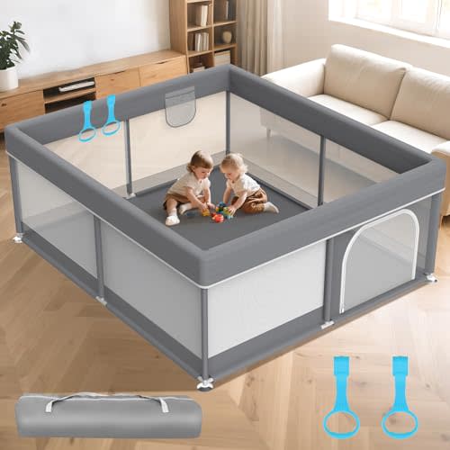 Baby Playpen 79"x71" Extra Large Play Yard for Toddlers with Pull Up Rings | Pull Up Rings for Standing & Walking, Sturdy Assembly No Shake, 360 Breathable Mesh, BPA-Free Oxford 27" Ht, Carry Bag, Grey
