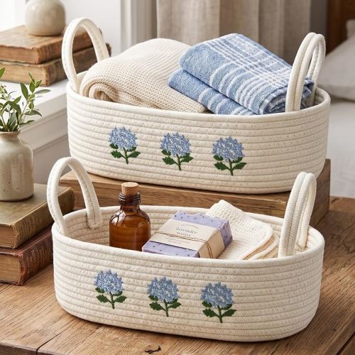 2 Pcs White Toilet Paper Storage Basket for Tank Top Blue Hydrangea Woven Cotton Rope Organizer for Bathroom (Blue Hydrangea)