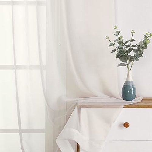 OWENIE Sheer Curtains 108" inches Long, 2 Panels Sheer Curtain Set, Rod Pocket Voile Drapes for Living Room, Airy Soft-Touching Drapes, 2pcs, Each 42" W x 108" L, Ivory