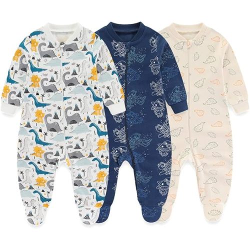 Newborn Baby 2-way Zipper Romper Cotton One-piece Jumsuit 3-pack, 0-24 Months
