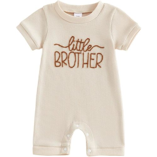 allshope Newborn Baby Boy Summer Outfit Romper Little Brother Lil Bro Embroidery Jumpsuit Cute Infant Waffle Clothes (Little Brother Apricot, 0-3 Months)