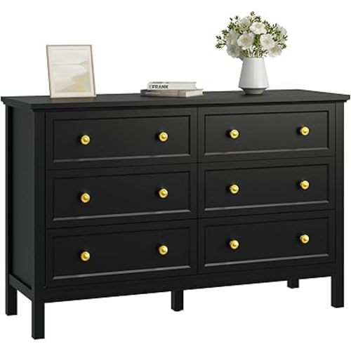 CARPETNAL Black Dresser for Bedroom, 6 Drawer Dresser with Wide Drawer and Metal Handles, Wood Dressers & Chests of Drawers for Hallway, Entryway.