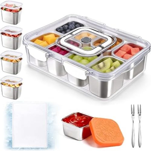 Qtencas Snackle Box Container with 8 Portable Removable Compartments, Ice Pack, Sauce Cup & Fork, Stainless Steel Divided Serving Tray with Lid and Handle for Road Trips Beach Camping
