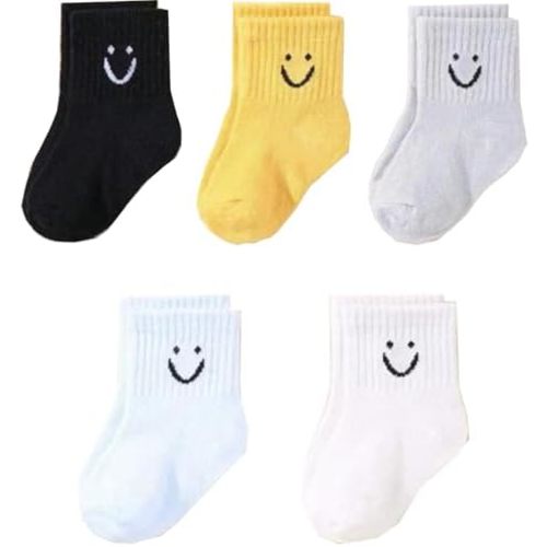 Toddler Boys Girls Crew Socks, Happy Face Unisex Kids Soft Cotton Solid Color Dress Ankle Socks, Pack of 5