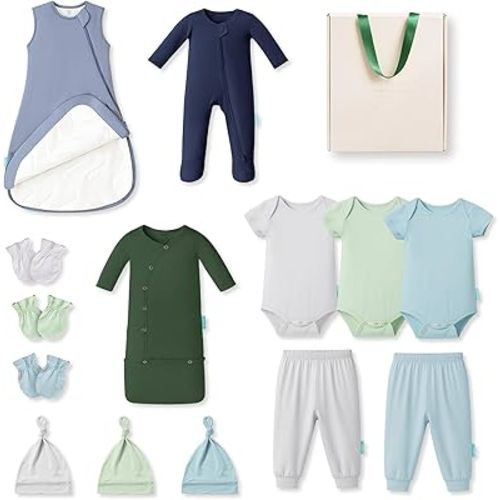 PurComfy Bamboo Newborn Clothes Gift Set: 14-Piece Layette with Sleep Sack, Baby Boy Essentials — Bamboo Lover Set