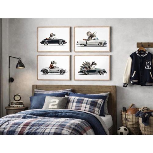 Dinos in Cars Photo Prints, Vintage Car Nursery Decor, Set of 4