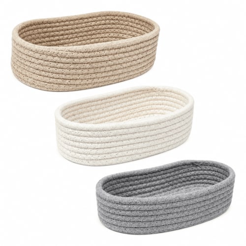 Fab Castle Cotton Rope Storage Basket Set of 3, Decorative Oval Organizer Baskets, Woven Fabric Bins for Bathroom, Nursery, Bedroom, Vanity, Office, Kitchen & Home Decor