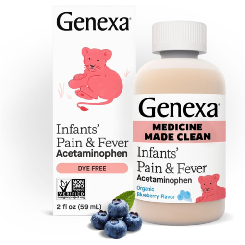 Genexa Infants' Clean Acetaminophen | Pain Reliever & Fever Reducer | Dye Free, 0% Artificial Additives | Baby Sick Essentials & Infant Medicine | Delicious Organic Blueberry Flavor, 2 fl oz