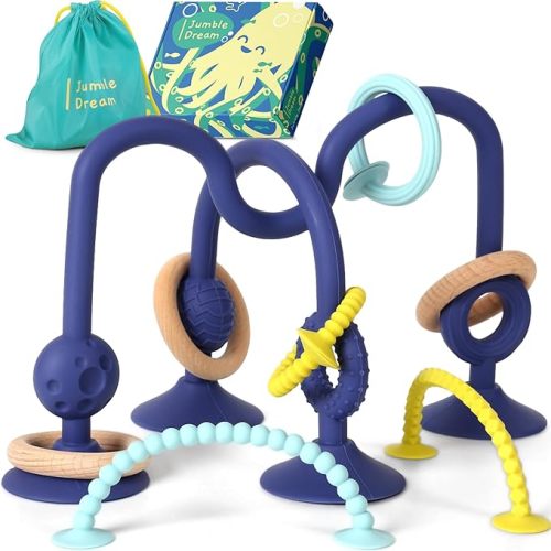 Jumble Jangle Baby Teething Toys – BPA-Free, Multi Purpose High Chair Toys for Babies: Suction Teething Relief with Sensory Toy Textures for Infants and Toddlers 0–24+ Months (Dark)