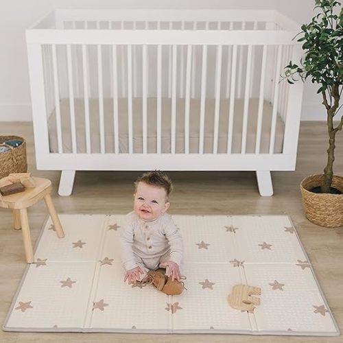 Bubba Bear Baby Play Mat, Thick Foam with Pattern Design, Foldable Waterproof Padded Crawling Mat for Babies (Beige Stars, 79 x 59 Inches)