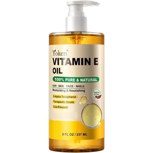 Yoken Vitamin E Oil 8 Fl Oz Organic Vitamin E oil for Skin Vitamine oils for Scars Hair,Face,Nail,Scalp Perfect Bath and Body Oil Cold Pressed Hexane Free Non-GMO Gluten Free Formula