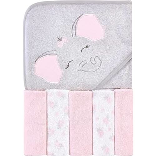 Hudson Baby Unisex Baby Hooded Towel and Five Washcloths, Pink Elephant, One Size