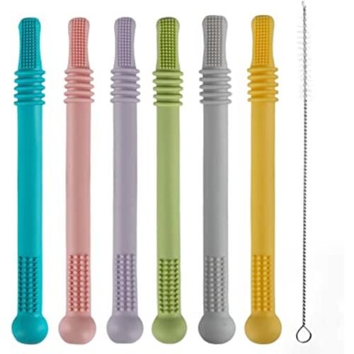 Fu Store Hollow Teether Tube, 6 Pack Chew Straw Toy for Infant Toddlers Silicone Tubes Teething Toys for Babies 3-12 Months BPA Free/Freezable/Dishwasher and Refrigerator Safe