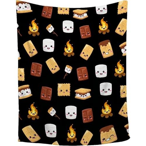 Cute S'Mores Marshmallow Cookie Blanket - Black Soft Plush Fuzzy Flannel Fleece Throw for Couch, Kids 50"x40"