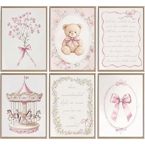 6pcs Pink Vintage Baby Girl Nursery Wall Art Prints Cute Carousel Teddy Bear Canvas Wall Decor Paintings Pink Bows Floral Posters Pictures for Little Girl Bedroom Kids Room Decor 8x10inch Unframed