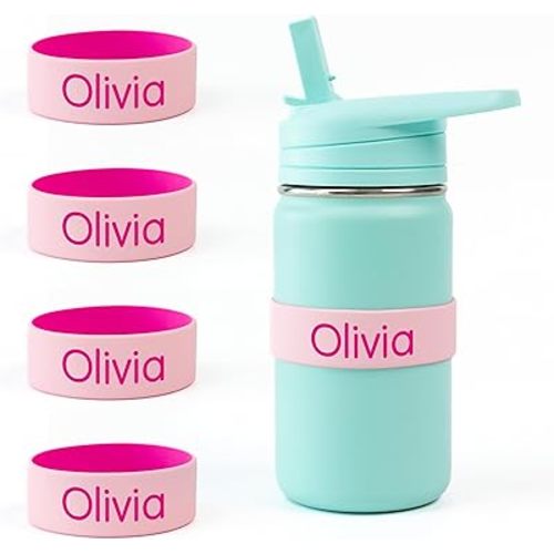 Mabel’s Labels Personalized Two-Tone Engraved Silicone Name Bands – Reusable Dishwasher-Safe Name Bands for Water Bottles, Sippy Cups & Drinkware (Pink & Light Pink, 4 Pack)