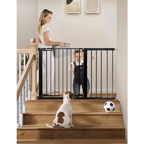 COMOMY 30" Tall Baby Gate for Stairs Doorways, Fits Openings 29.5" to 46" Wide, Auto Close Extra Wide Dog Gate for House, Pressure Mounted Easy Walk Through Pet Gate with Door, Black