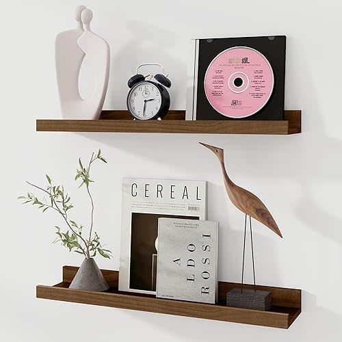 Picture Ledge Shelf, Pine Wood Floating Shelves Set of 2, 24 inch Nursery Book Shelves, Photo Ledge Book Shelves Wall Mounted for Living Room Kids' Room Bedroom - Walnut