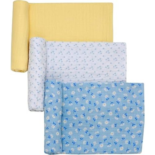 3 Pack Cotton Muslin Swaddle Blankets for Baby, 40" x 36", Lightweight, Breathable, Multicolored, (Little Me Daisy Print)