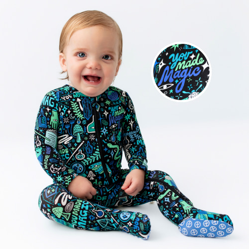 Bamboo Footie Zipper Baby Pajama - Mystic Mama Blue Bamboo Onesie Sleeper - You Made Magic Affirmation – Raising Mama