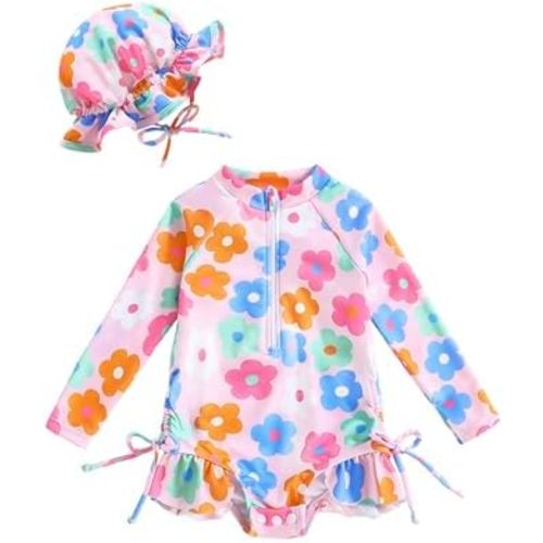 Vibebox Baby Girl Swimsuit Drawstring Zipper Bathing Suit Toddler Girls Long Sleeve One-Piece Rash Guard Swimsuits with Hat