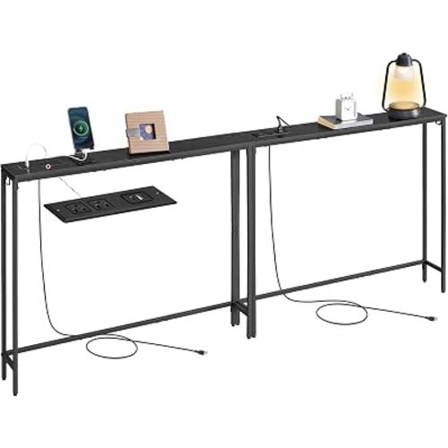 VASAGLE Set of 2 Console Tables with Power Outlets, Slim Behind Couch Sofa Tables, 5.9 x 39.4 x 31.5 Inches, 2 Hooks, Easy Assembly, for Entryway, Living Room, Ebony Black and Ink Black ULNT078B01