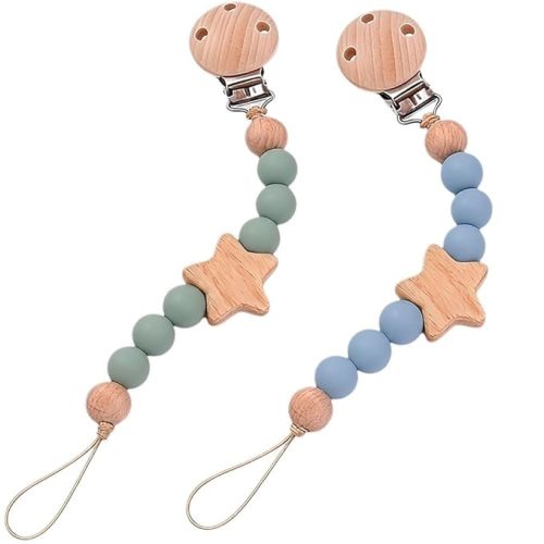 2Pcs Wood Star Silicone Pacifier Clip for Baby Boy Blue Silicone Pacifier Holder Binky Clips