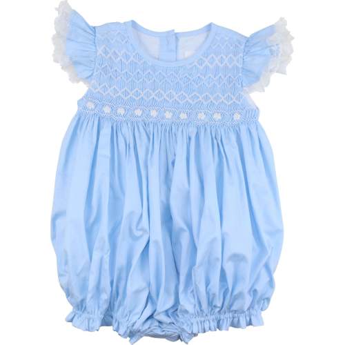 Blue Geometric Floral Smocked Bubble - Cecil & Lou