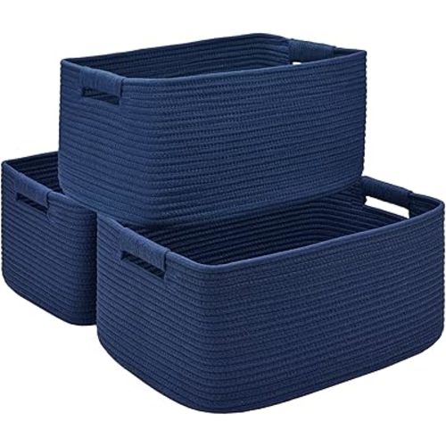 3 Pack Large Storage Basket for Organizing, 17.5"x13"x7" Woven Basket for Shelves, Closet Cube Storage Bins with Wrapped Handle, Cotton Rope Baskets for Kitchen, Clothes, Toys(Navy Blue)