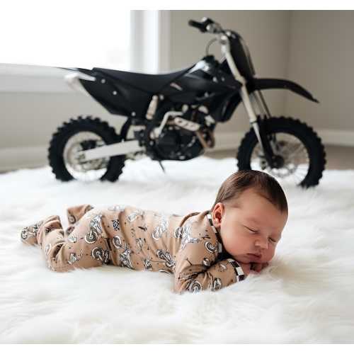 Baby Boy Zippered Sleeper Motocross Tan & Black Checker Dirt Bike Pajama Coming Home Outfit Shower Gift